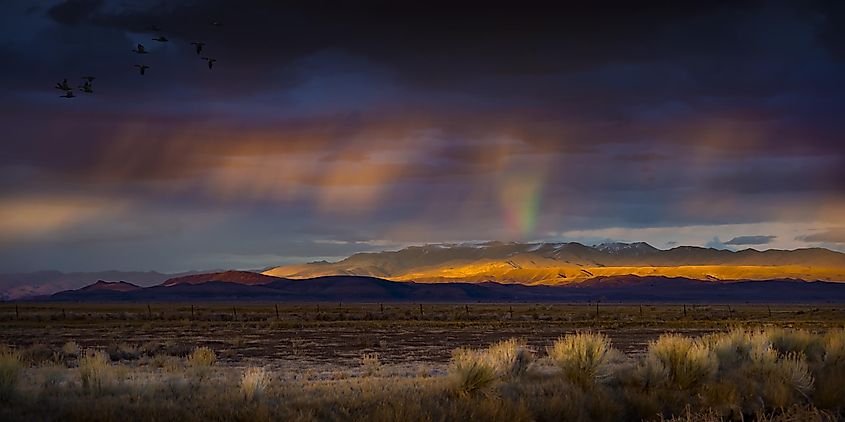 Stormy Sunset with rain and rainbow in the desert with light on mountain range. Fallon, NV. 