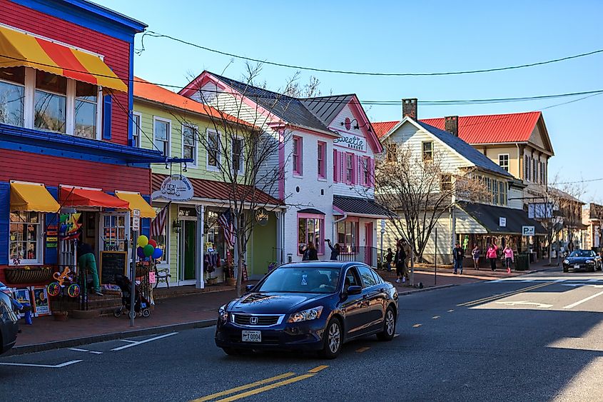 St. Michaels, Maryland: Some of the shops and stores in St Michaels, MD along the town's main street. 