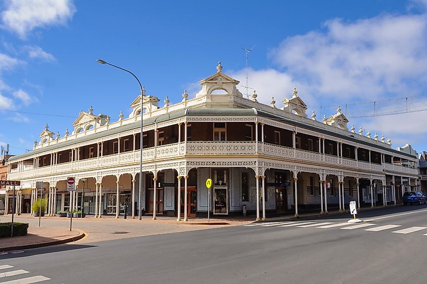 The two-storey brick and stucco Imperial Hotel at the corner of Beardy and Faulkner Streets in Armidale, New South Wales.