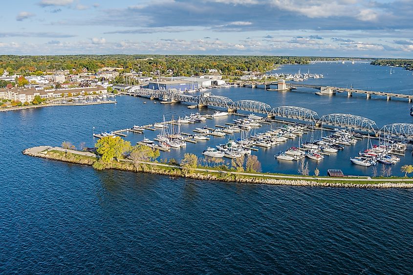 Steel bridge and boats located in historic Sturgeon Bay in Wisconsin.