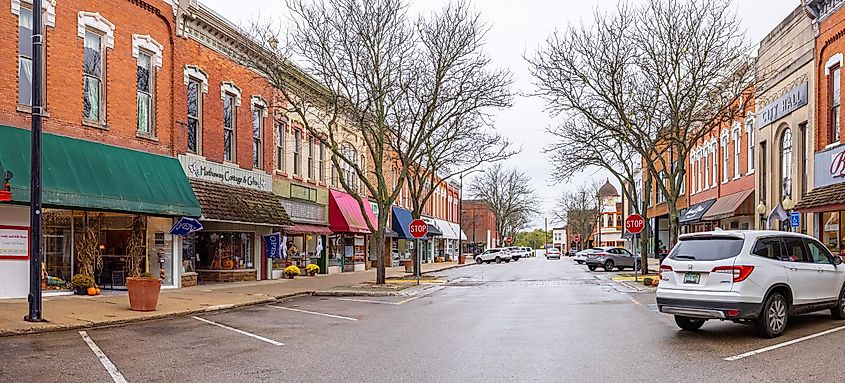 The old business district on Locust street in Allegan, Michigan.