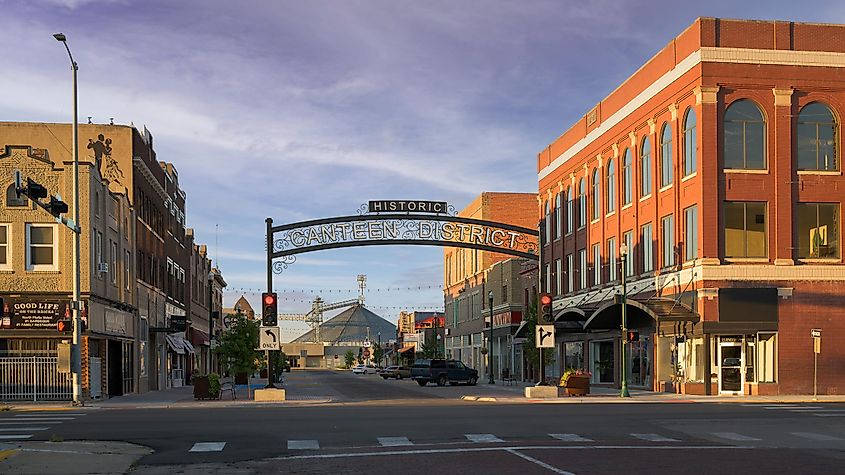 Historic Canteen District as viewed N Dewey Street and E 4th Street in downtown North Platte, Nebraska.
