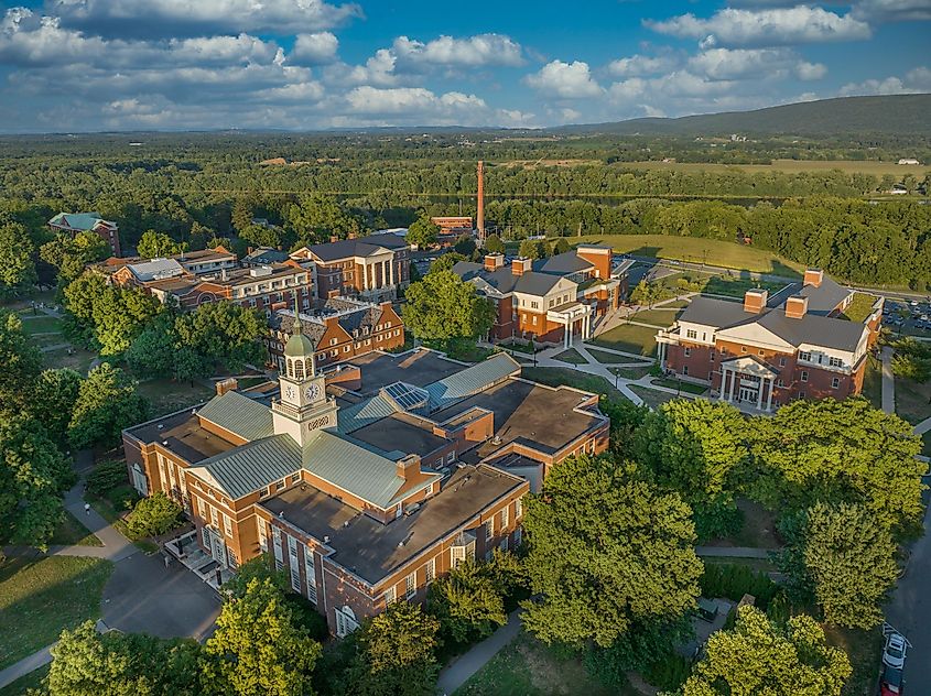 Aerial View of Bucknell University Science Center and Colonial Style Buildings in Lewisburg, Pennsylvania, USA.
