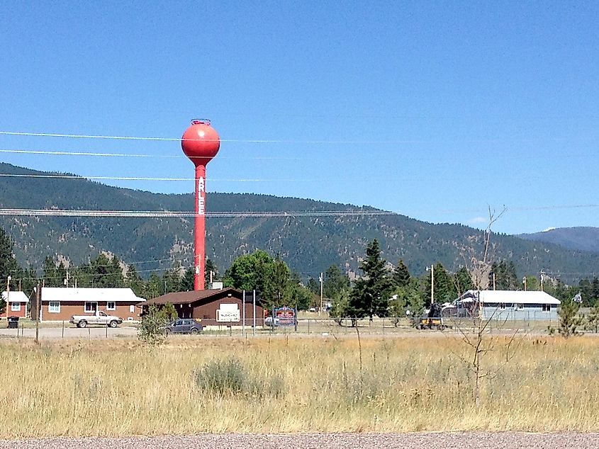Red water tower in Arlee, Montana