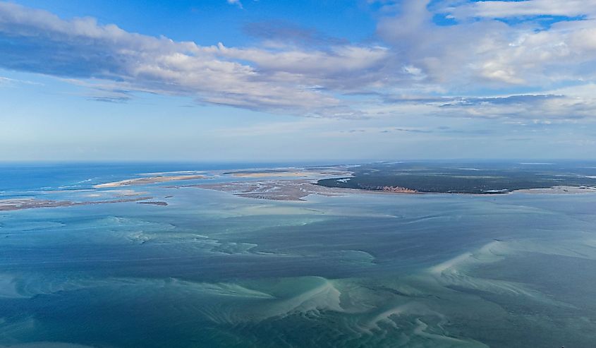 Aerial view of the Indian Ocean in Mozambique with sand islands