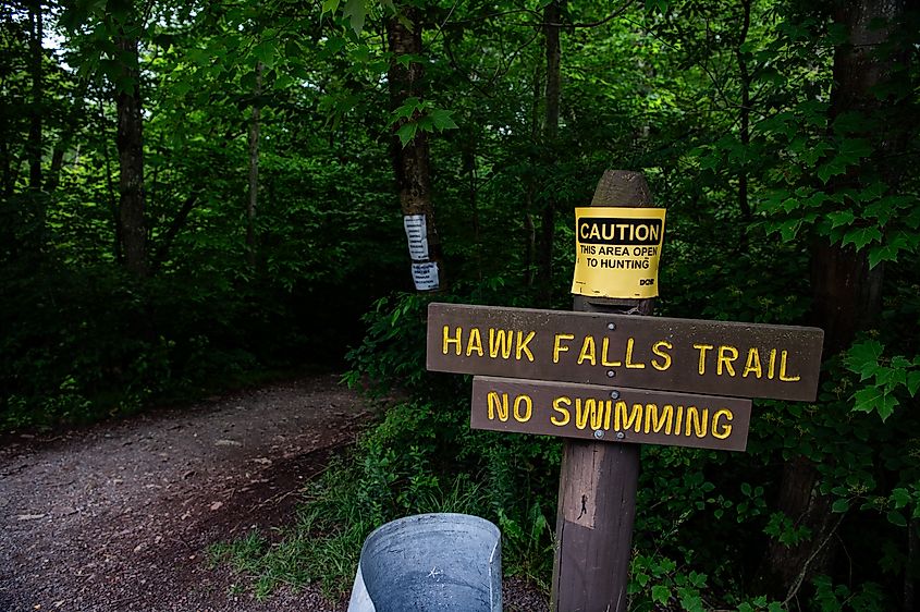 The Hawk Falls trail head in Hickory Run State Park in White Haven, Pennsylvania.