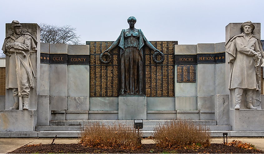 Oregon, Illinois, the Soldiers' Monument sculpture by Lorado Taft on a cloudy Winter morning.