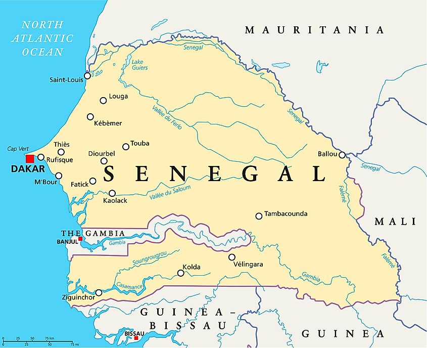 Map showing the location of Lake Guiers in northern Senegal.