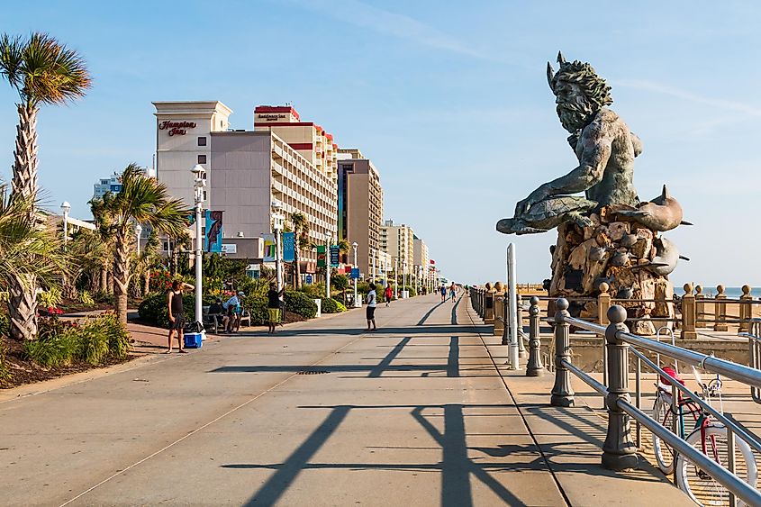  King Neptune statue by sculptor Paul DiPasquale along the 3-mile oceanfront boardwalk in Virginia Beach, Virginia.