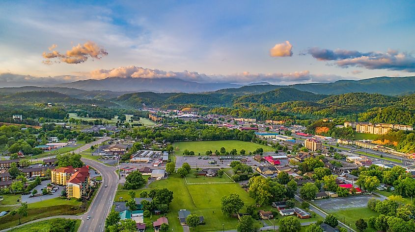 Drone aerial of Pigeon Forge and Sevierville, Tennessee.