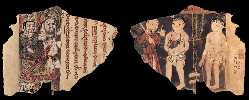 Fragment of Uyghur Manichaean service book depicting "Two Plaintiffs from Judgment and Rebirth of Laity," from a manuscript leaf found in Khocho (Qocho kingdom), Temple α, dating back to the 8th-9th century. The manuscript painting measures 8.2 x 11.0 cm. Source: MIK III 4959.