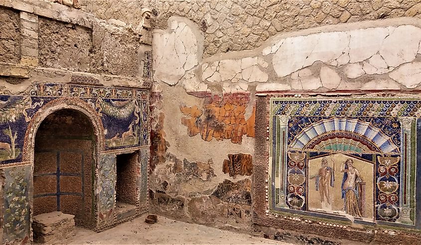 Ancient colourful mosaics in Herculaneum, Italy.