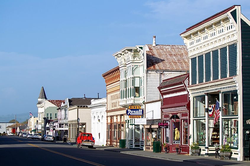 Storefronts line Main Street in the historic Victorian Village of Ferndale. Editorial credit: Conor P. Fitzgerald / Shutterstock.com