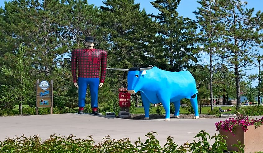 Paul Bunyan and Babe the Blue Ox, popular, often photographed road side attraction statues of the legendary lumberjack and his sidekick.